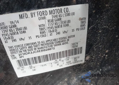 2014 Ford Edge Sel из США, поврежденный, VIN 2FMDK3JC5EBB28872